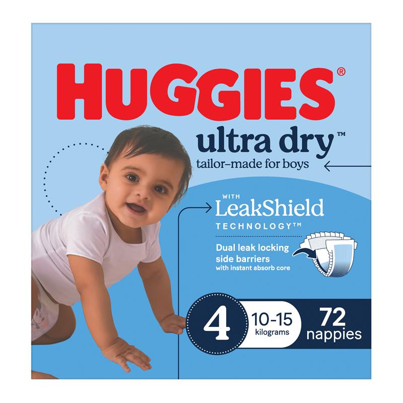 Huggies Ultra Dry Nappies Boys Size 4 (10-15kg) 72 Pack
