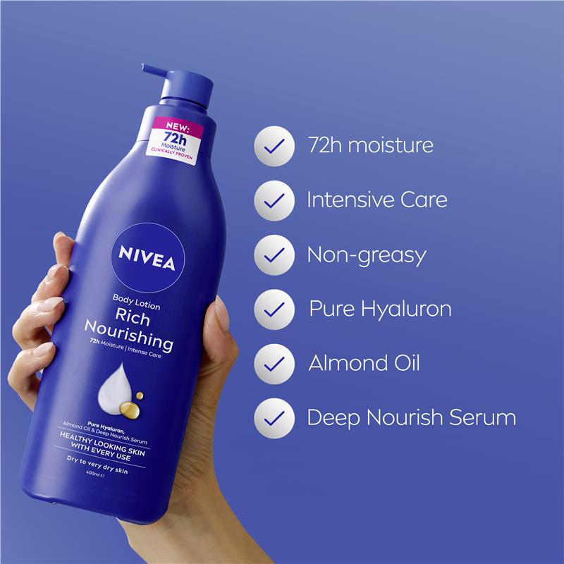 NIVEA Rich Nourishing Body Lotion Moisturiser 72H Hydration 400ml - GimmeNow
