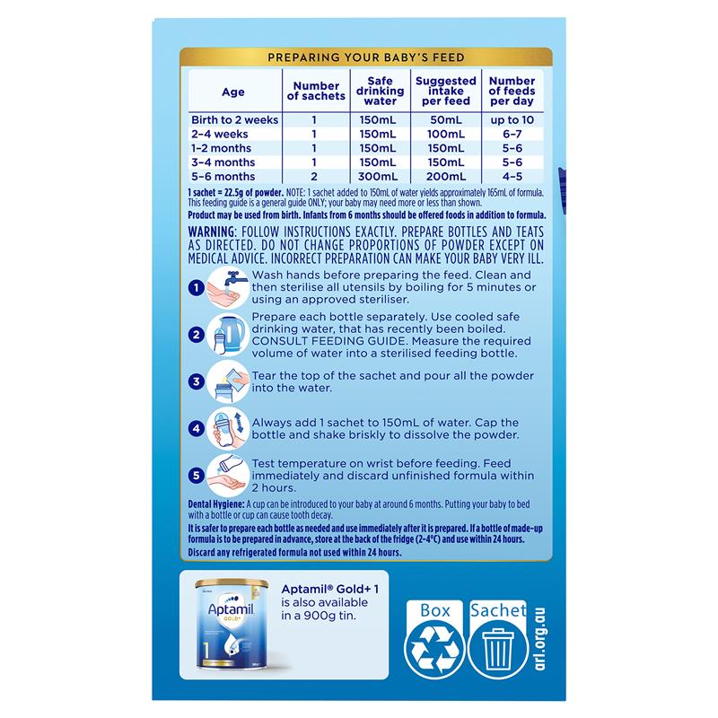 Aptamil Gold+ 1 Baby Infant Formula Powder Sachets From Birth to 6 Months 5 Pack 22.5g