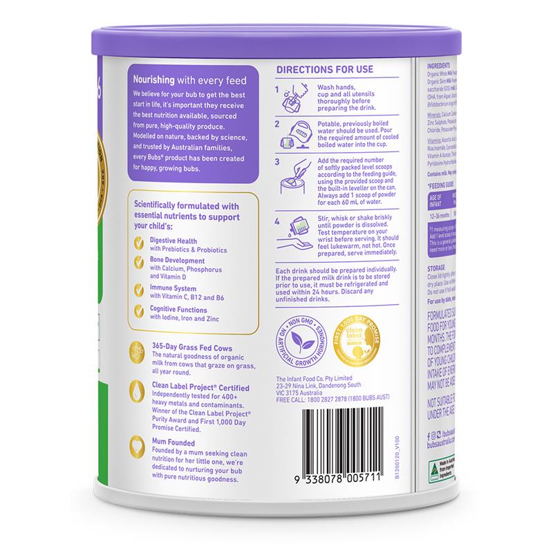 Bubs Organic Grass Fed Stage 3 Toddler Milk 800g