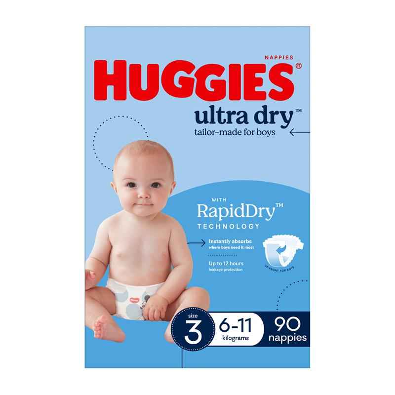 Huggies Ultra Dry Nappies Boy Size 3 Jumbo 90 Pack