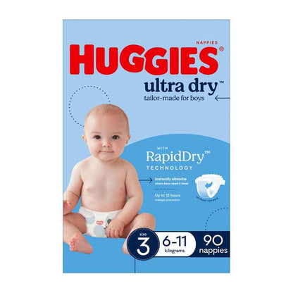 Huggies Ultra Dry Nappies Boy Size 3 Jumbo 90 Pack
