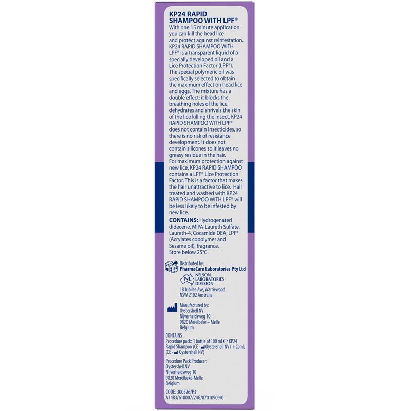 KP24 Rapid 15 Minute Head Lice/Nit Shampoo with Lice Protection Factor 100ml with Comb