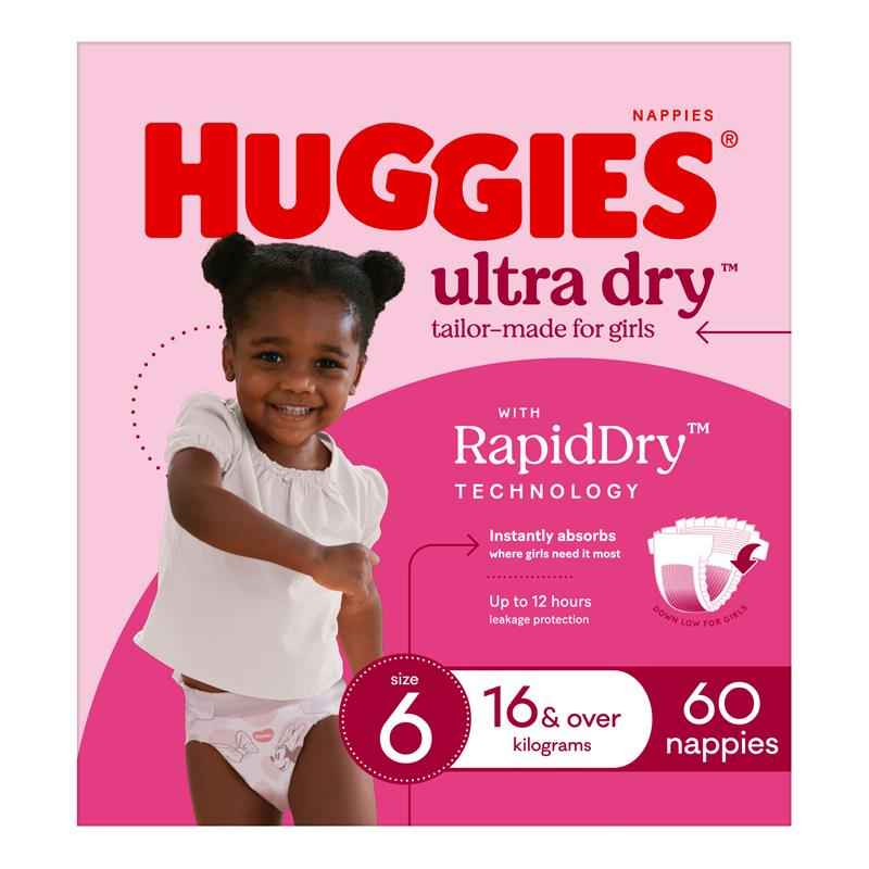 Huggies Ultra Dry Nappies Girl Size 6 Jumbo 60 Pack