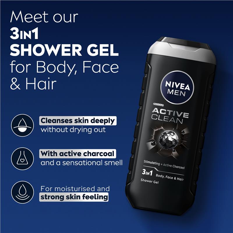 NIVEA MEN Active Clean 3-IN-1 Shower Gel Body Wash 500ml