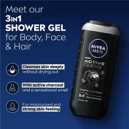 NIVEA MEN Active Clean 3-IN-1 Shower Gel Body Wash 500ml