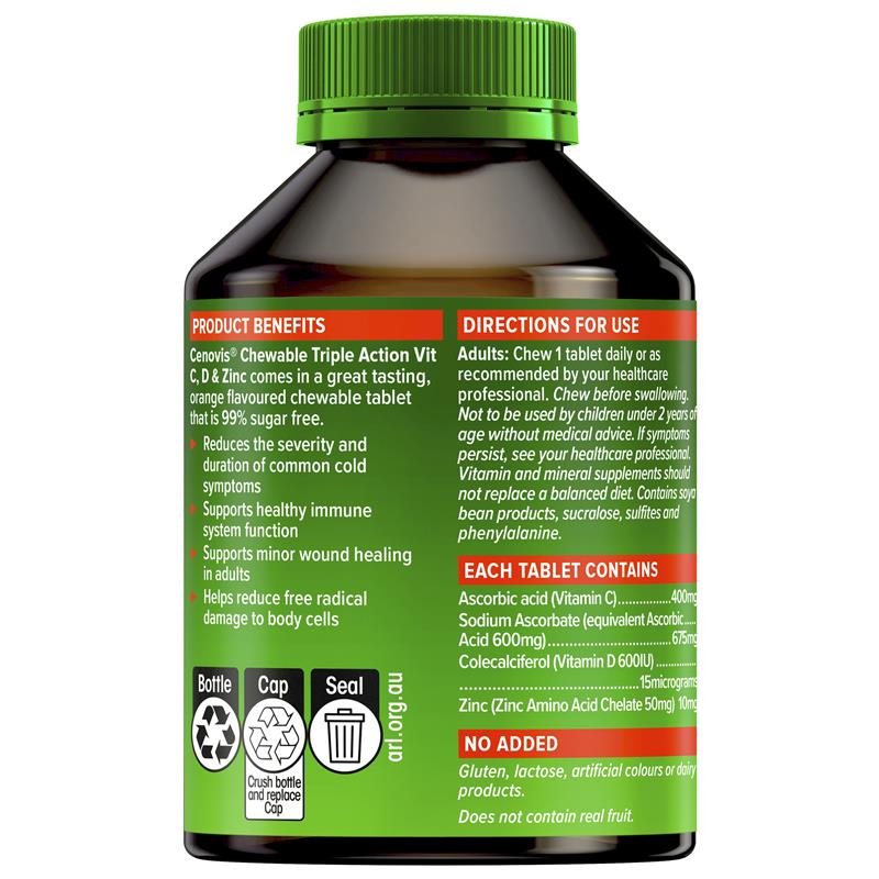 Cenovis Chewable Triple Action C D & Zinc 120 Tablets