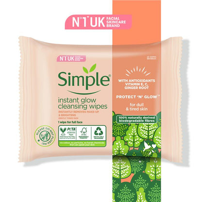 Simple Micellar Instant Glow Facial Wipes 20 Pack