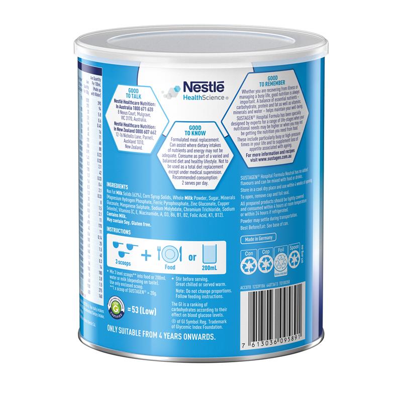 Sustagen Hospital Formula Nutritional Supplement Neutral Flavour 840g