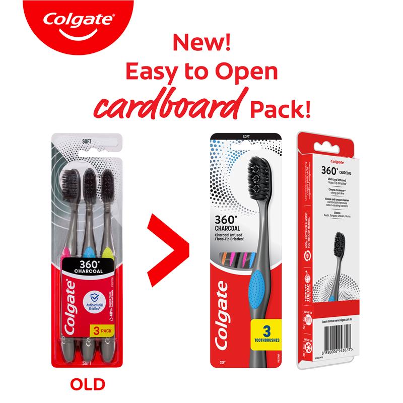 Colgate Toothbrush 360 Charcoal Anti-Bacterial 3 Pack
