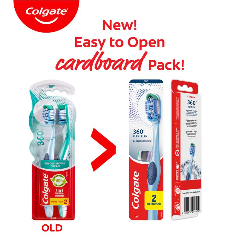 Colgate 360 Whole Mouth Clean Compact Head Toothbrush Soft 2pk