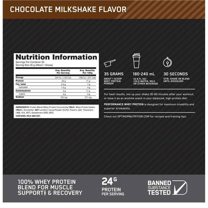 Optimum Nutrition Performance Whey Protein Chocolate 50 Serves 1.75kg