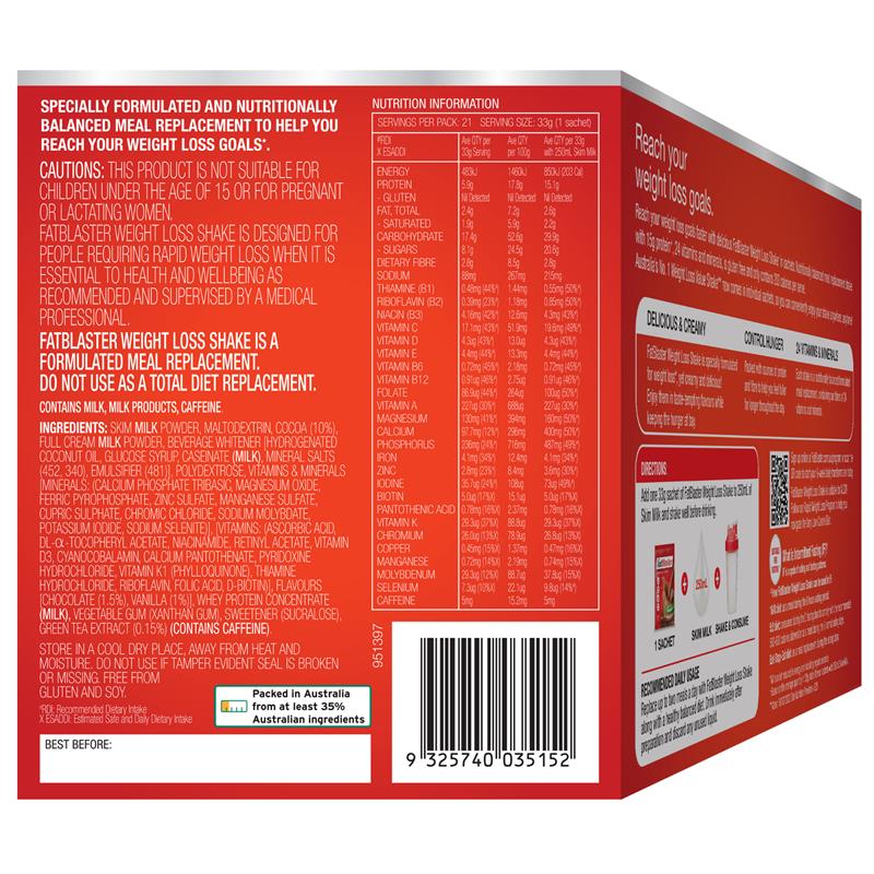 Fatblaster Weight Loss Shake Chocolate 21 x 33g Sachets Exclusive Size