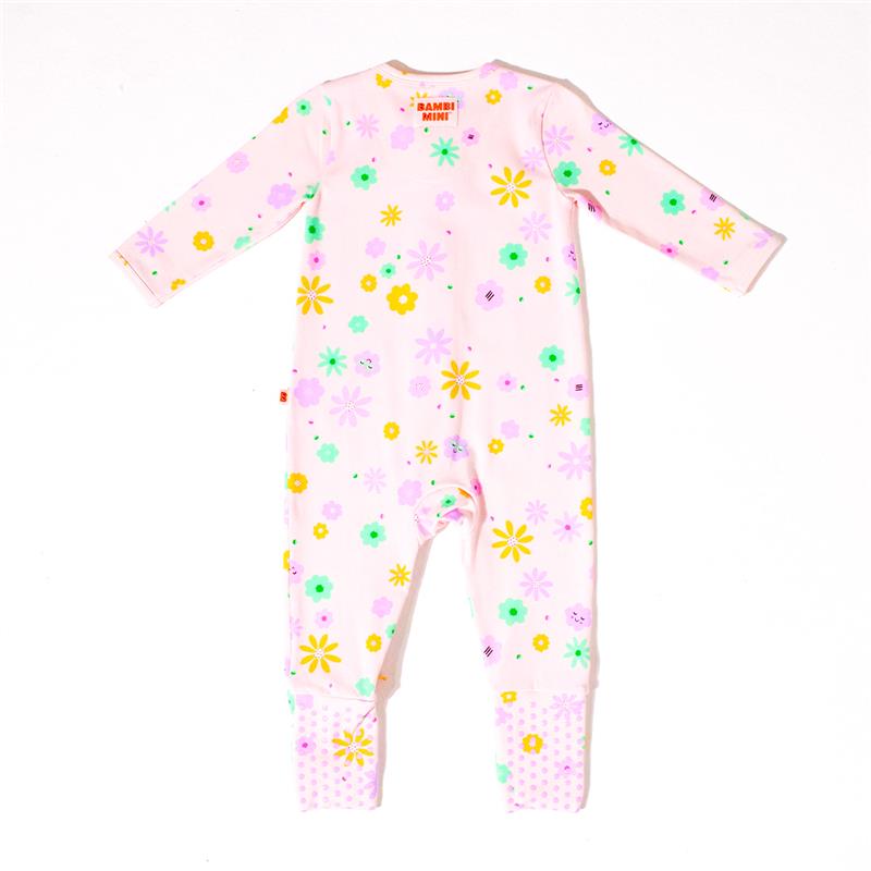 Bambi Mini Co. Wrigglesuit Girls Pink Neon Floral 6-12 With Grippy Feet