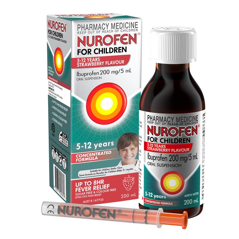 Nurofen For Children 5-12yrs Pain and Fever Relief Concentrated Liquid 200mg/5mL Ibuprofen Strawberry 200mL