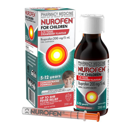 Nurofen For Children 5-12yrs Pain and Fever Relief Concentrated Liquid 200mg/5mL Ibuprofen Strawberry 200mL