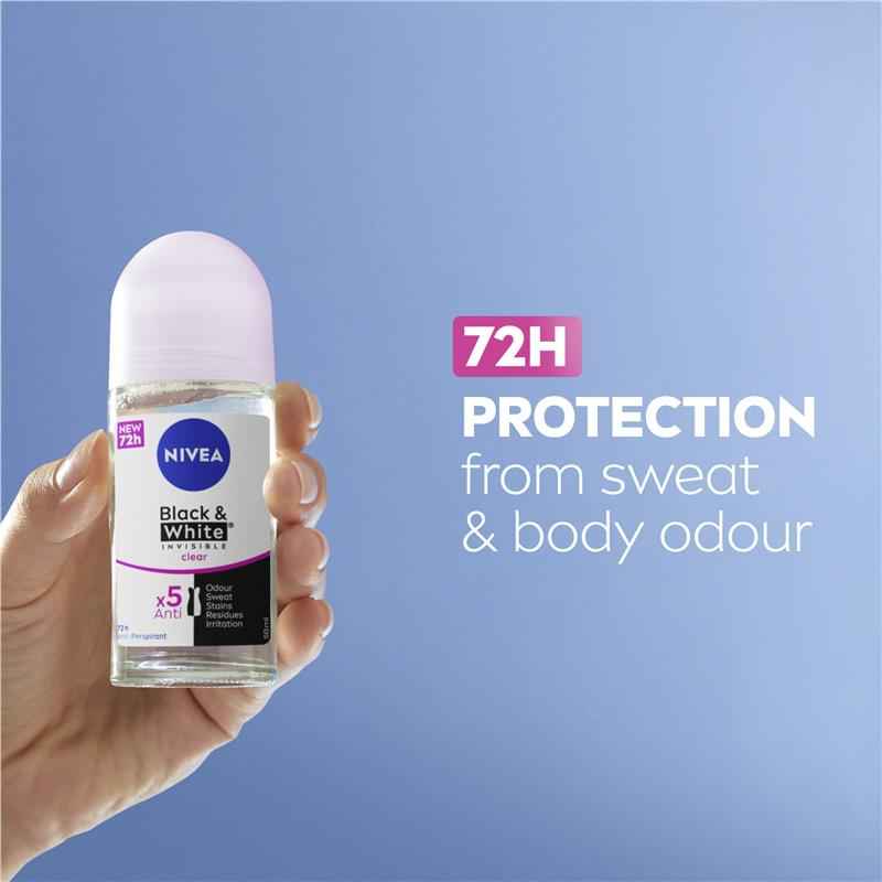 NIVEA Black & White Invisible Clear Roll On Deodorant 72H Protection 50ml