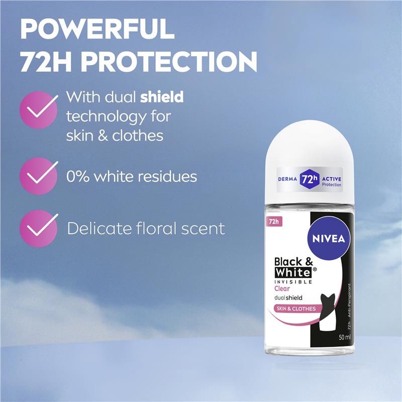 NIVEA Black & White Invisible Clear Roll On Deodorant 72H Protection 50ml