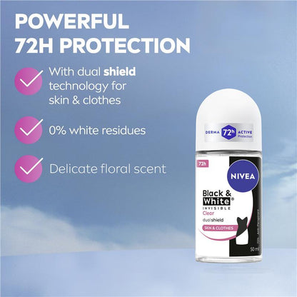 NIVEA Black & White Invisible Clear Roll On Deodorant 72H Protection 50ml
