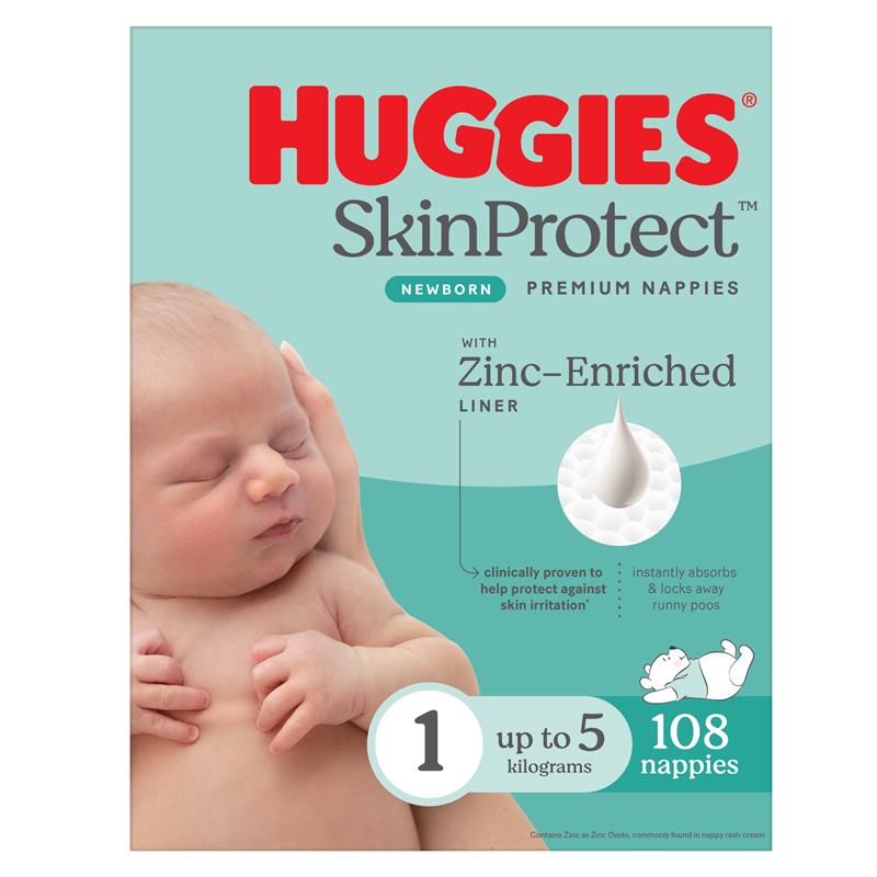 Huggies Skin Protect Nappies Size 1 Newborn Jumbo 108 Pack