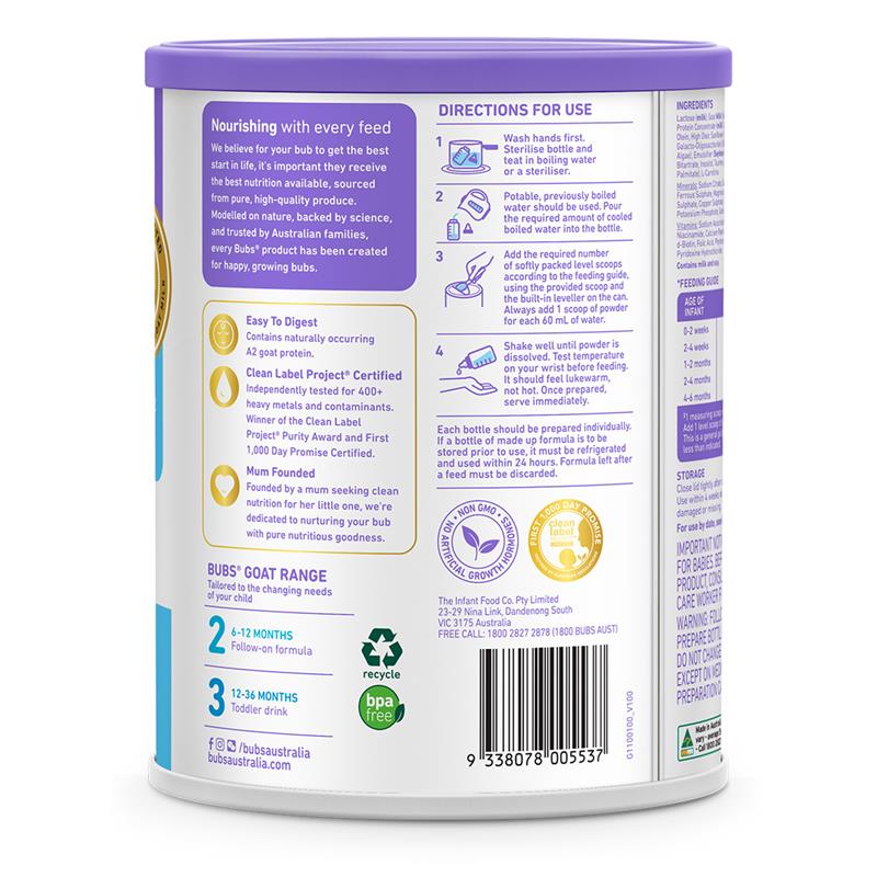 Bubs Goat Stage 1 Infant Formula 800g