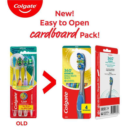 Colgate Toothbrush 360 Degree Advanced Whole Mouth Health Medium 4 Pack