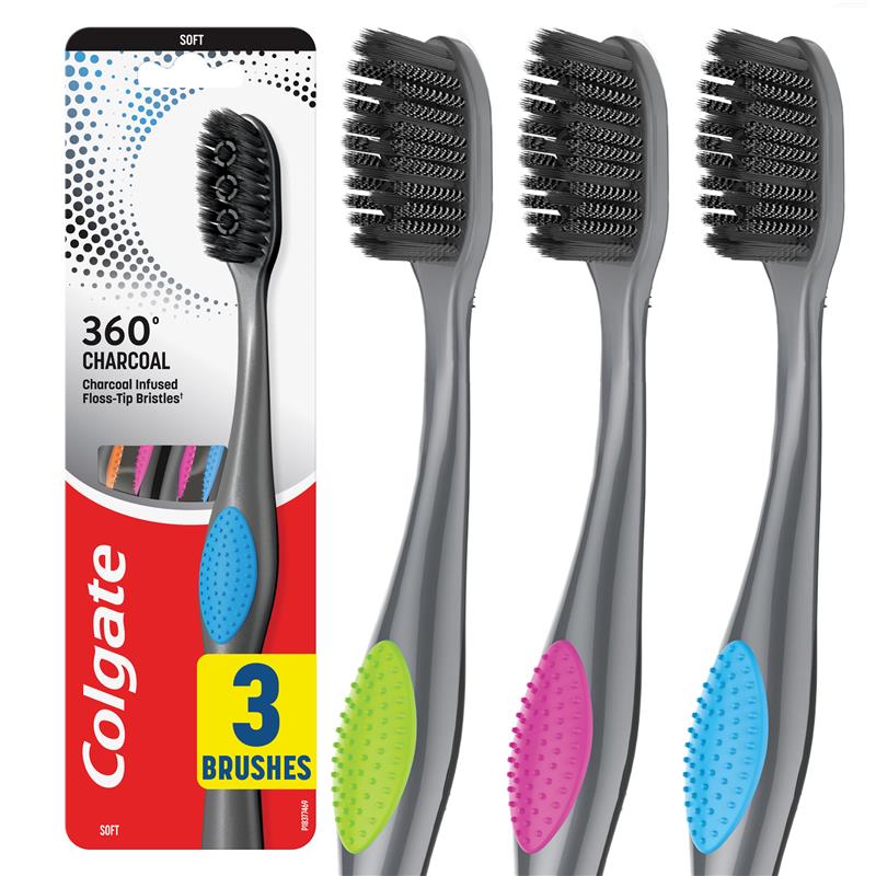 Colgate Toothbrush 360 Charcoal Infused Floss Tip 3 Pack