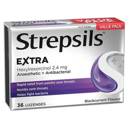 Strepsils Extra Blackcurrant Fast Numbing Sore Throat Pain Relief with Anaesthetic Lozenges 36pk