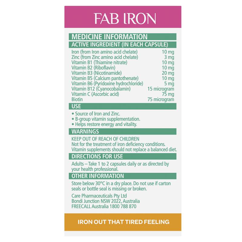 Fab Iron + Vitamin B Complex and Zinc 60 Capsules