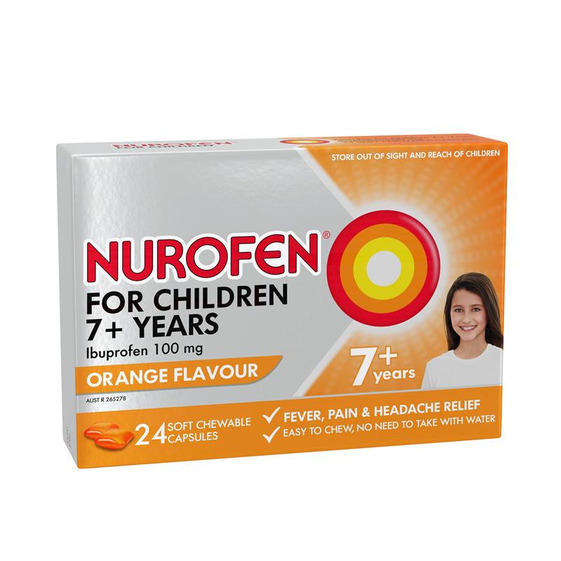 Nurofen For Children 7+ Pain and Fever Relief Chewable Capsules 100mg Ibuprofen Orange 24 pack