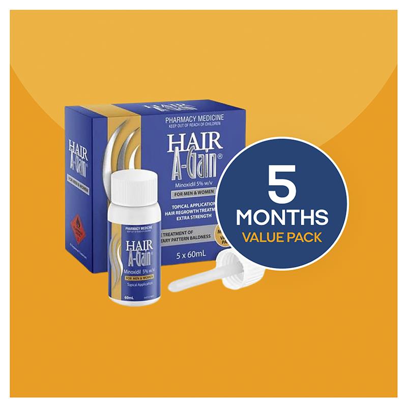 Hair A-Gain Hair Regrowth Treatment Extra Strength for Men & Women – 5 Month Value Pack – 5 x 60ml