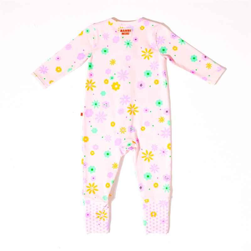 Bambi Mini Co. Wrigglesuit Girls Pink Neon Floral 12-18 With Grippy Feet