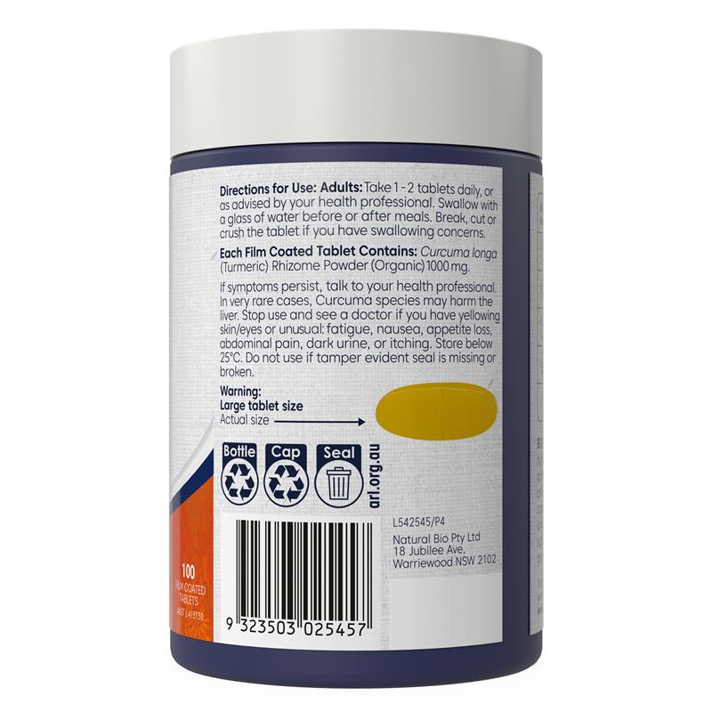 Bioglan Organic Turmeric 1000mg 100 Tablets