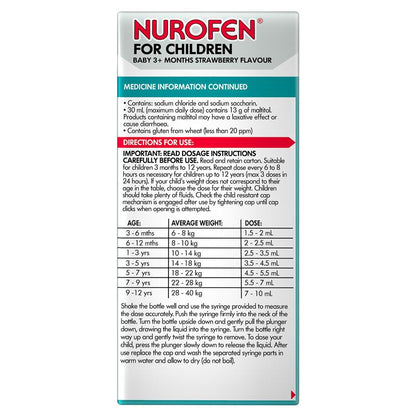 Nurofen For Children Baby 3+ Months Pain and Fever Relief Concentrated Liquid 200mg/5ml Ibuprofen Strawberry 50ml