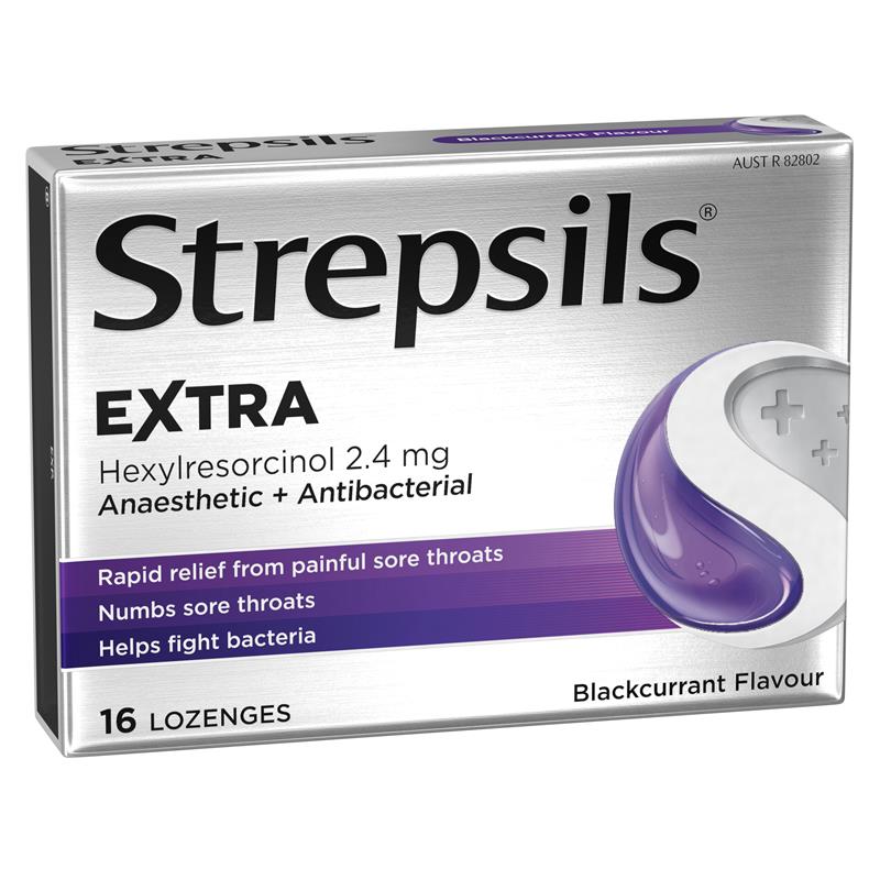 Strepsils Extra Blackcurrant Sore Throat Pain Relief with Anaesthetic Lozenges 16 Pack