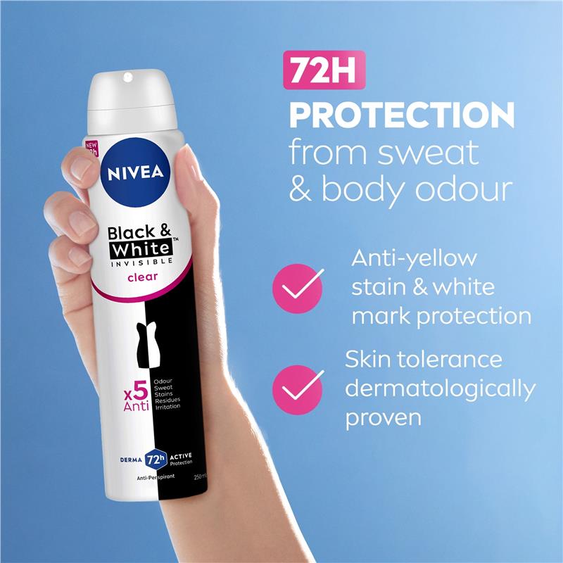 NIVEA Black & White Clear Aerosol Deodorant 72H Protection 250ml