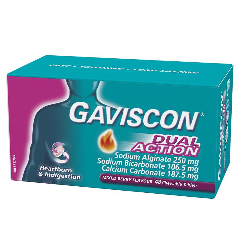 Gaviscon Dual Action Chewable Tablets Heartburn and Indigestion Relief Mixed Berry 48 Pack