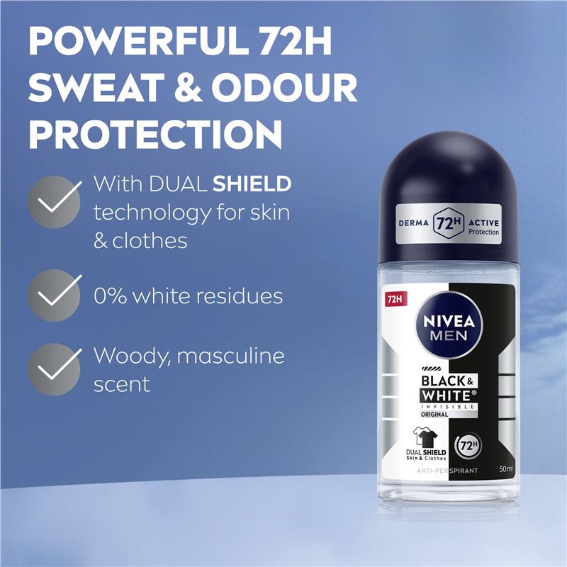 NIVEA MEN Black & White Invisible Roll On Deodorant 72H Protection 50ml