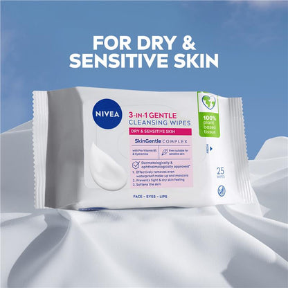 NIVEA 3in1 Gentle Cleansing Dry & Sensitive Skin Wipes 25 Pack