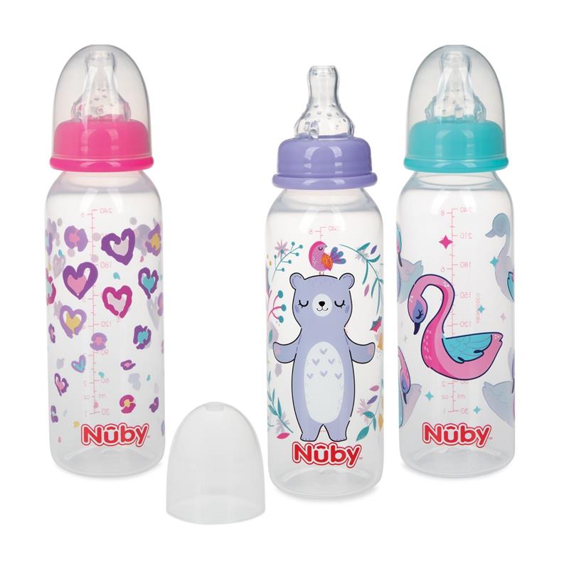 Nuby Printed Non Drip Feeding Bottles 240ml 0+ Months 3 Pack