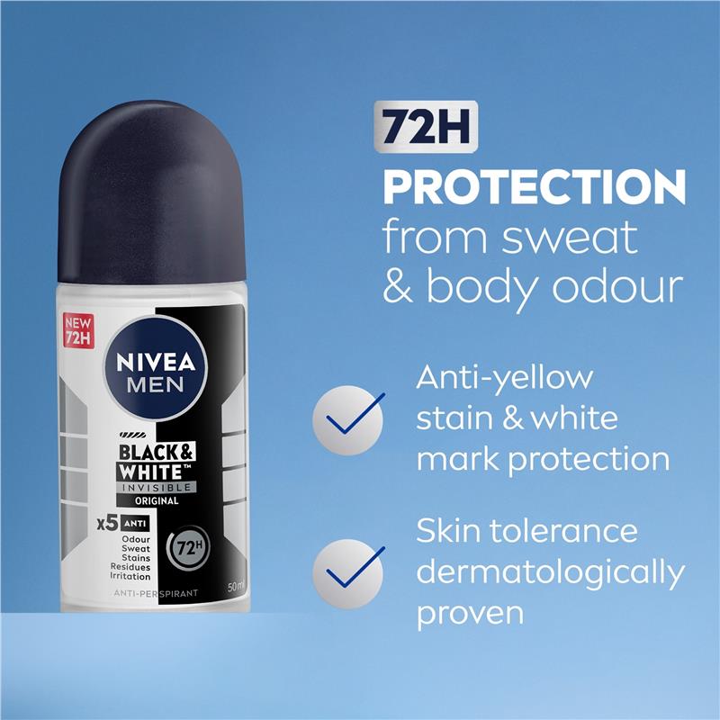 NIVEA MEN Black & White Invisible Roll On Deodorant 72H Protection 50ml