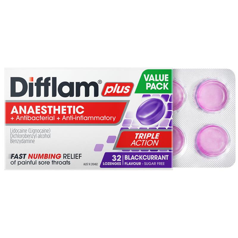 Difflam Plus Triple Action Blackcurrant 32 Lozenges