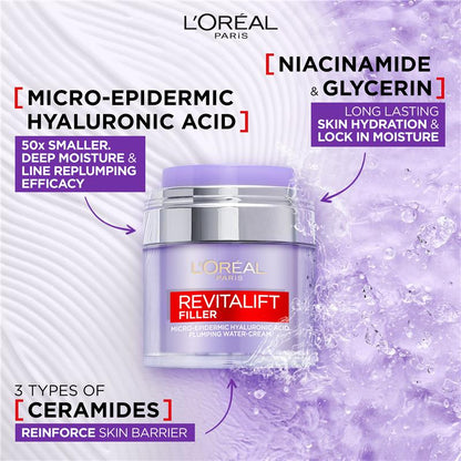 L'Oreal Paris Revitalift Filler Plumping Water Cream Hyaluronic Acid 50ml
