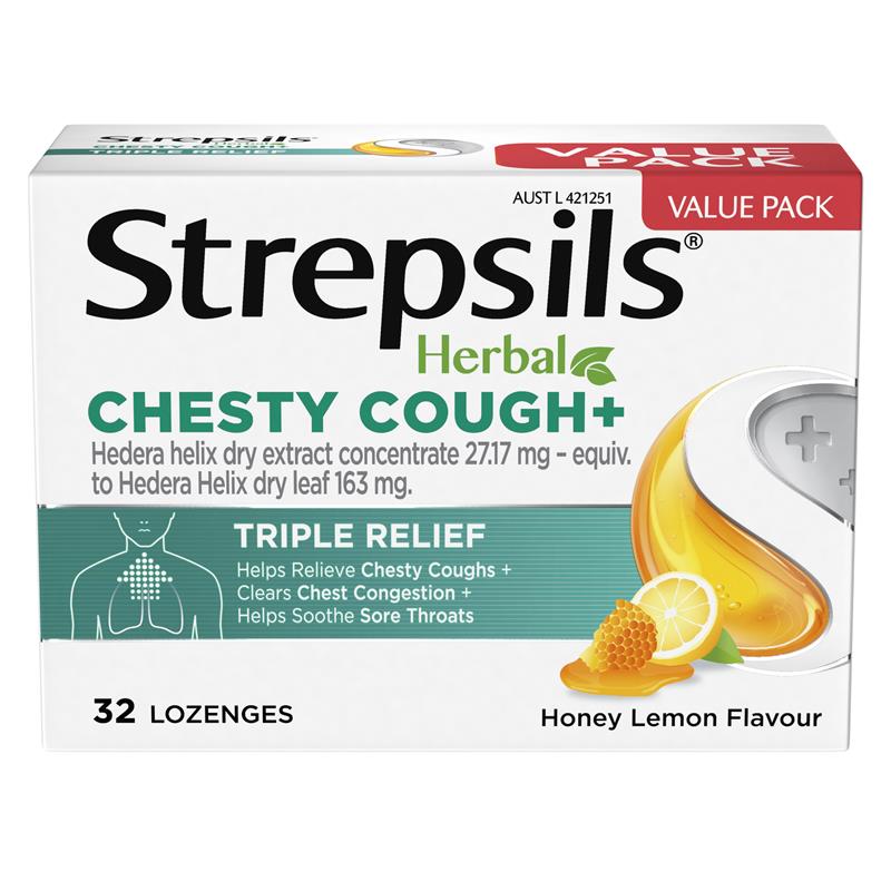 Strepsils Herbal Chesty Cough+ Lozenges Honey Lemon 32 Pack