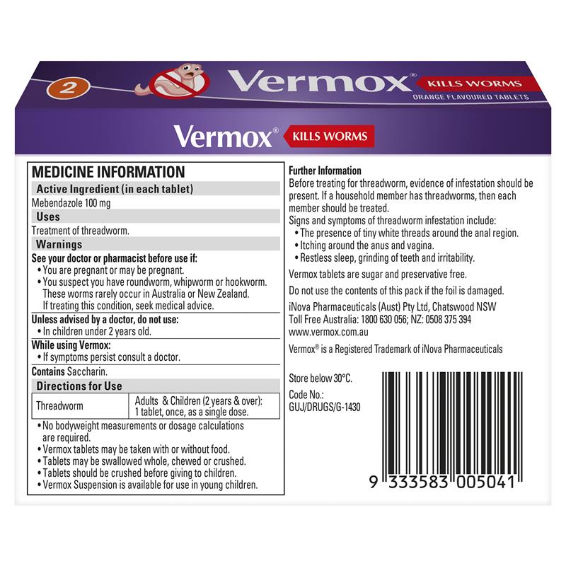 Vermox Worming Treatment Orange 2 Tablets