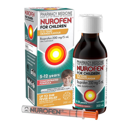 Nurofen For Children 5-12yrs Pain and Fever Relief Concentrated Liquid 200mg/5mL Ibuprofen Orange 200mL