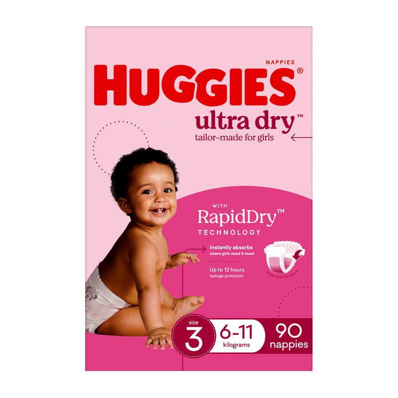 Huggies Ultra Dry Nappies Girl Size 3 Jumbo 90 Pack