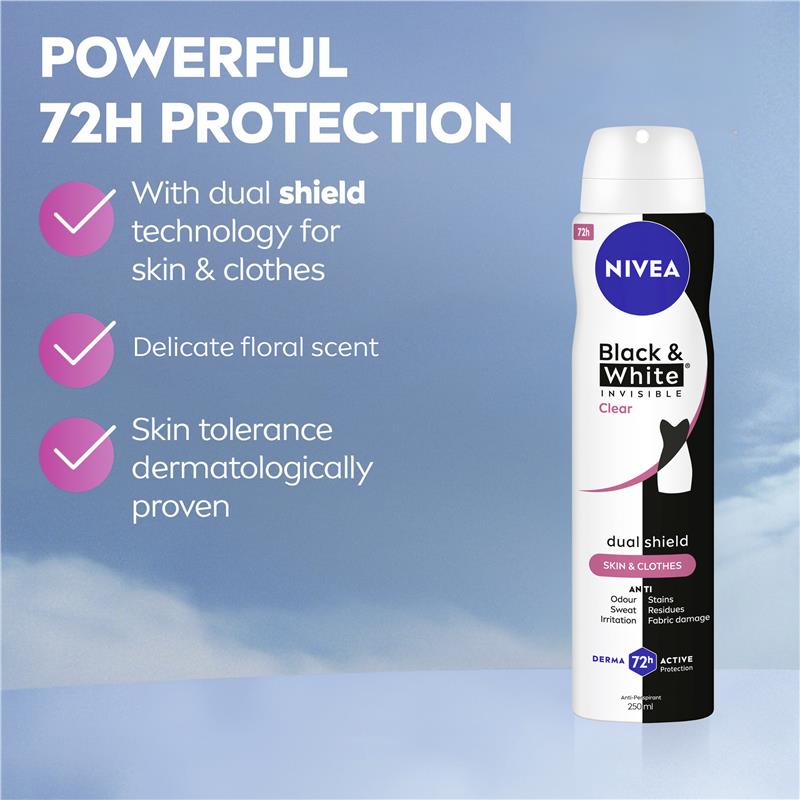 NIVEA Black & White Clear Aerosol Deodorant 72H Protection 250ml