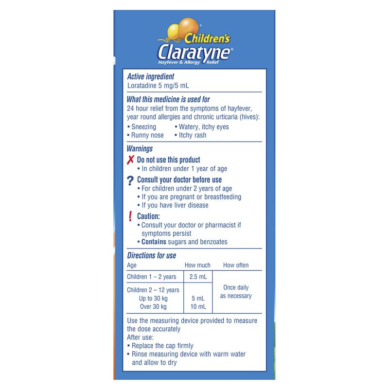 Children's Claratyne Allergy & Hayfever Relief Syrup For Kids Peach Flavour 60mL