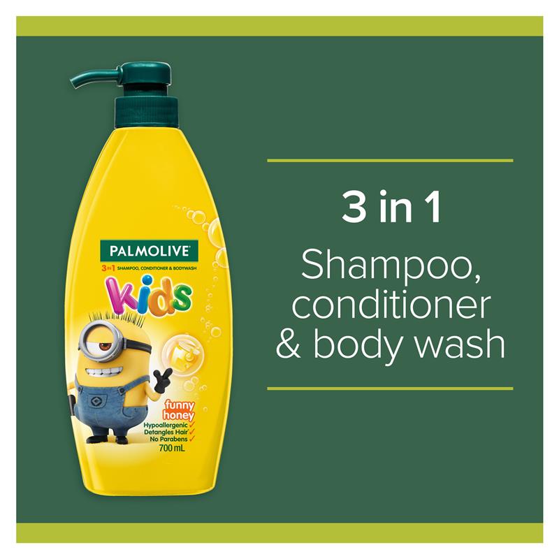 Palmolive Minions Funny Honey Kids 3 in 1 Hair Shampoo Conditioner & Body Wash 700mL